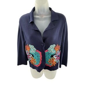 Lilly Pulitzer Navy Blue Embroidered Flower Cardigan Sweater Womens XSmall‎